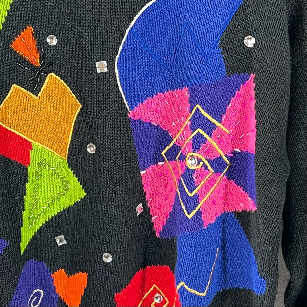 Vintage Santoria Geometric Multi Colored Rhinestone Beaded Pullover Sweater - Picture 2 of 6